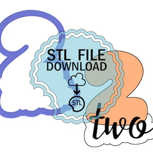 Puede incluir: Una descarga digital de un archivo STL para un cortador de galletas de número dos impreso en 3D. La imagen muestra un contorno azul del cortador de galletas, un número dos de color melocotón y el texto "STL FILE DOWNLOAD" en un círculo azul y blanco.
