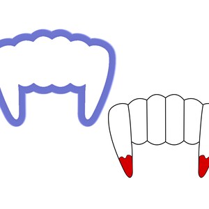 May include: A blue plastic cookie cutter shaped like a set of vampire fangs. The cutter is shown next to a black and white illustration of a set of fangs with red tips.