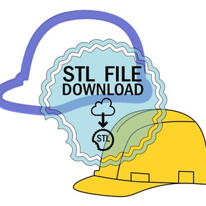 May include: A yellow construction helmet with a blue and white seal that says "STL FILE DOWNLOAD" and a cloud with a downward arrow. The seal also has a smaller circle with the word "STL" inside.