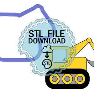 May include: A yellow excavator with a grey bucket, black tracks, and a blue cloud with an arrow pointing down to the word "STL". The text "STL FILE DOWNLOAD" is in a blue and white circle.
