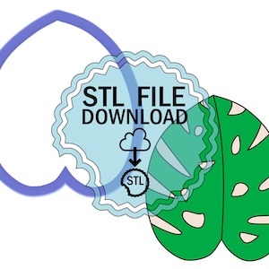 Puede incluir: Una descarga digital de un archivo STL para una hoja de monstera en forma de corazón imprimible en 3D. El archivo está disponible para descargar con un icono de nube y una flecha hacia abajo. El texto "STL FILE DOWNLOAD" está en un círculo azul con un borde blanco.