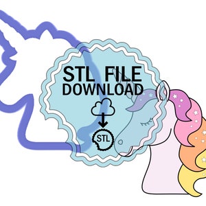 May include: A whimsical illustration of a unicorn with a colorful mane and a blue outline. The image includes the text "STL FILE DOWNLOAD" with a cloud and arrow icon, suggesting a digital product.