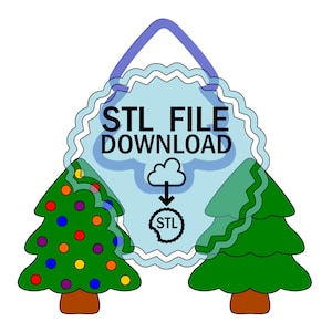 May include: A digital download of an STL file for 3D printing. The image shows a green Christmas tree with colorful ornaments and a blue cloud with an arrow pointing down to a circle with the word "STL" inside. The text "STL FILE DOWNLOAD" is in a blue circle with a white background.