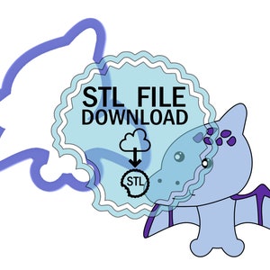 Peut inclure: Modèle 3D imprimable en bleu et violet d'un dinosaure de dessin animé avec des ailes. Le modèle est disponible en téléchargement au format STL. L'image comprend le texte "STL FILE DOWNLOAD".