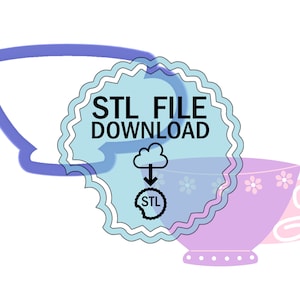 Puede incluir: Una insignia de descarga digital azul y blanca con el texto "STL FILE DOWNLOAD" y una nube con una flecha hacia abajo que apunta a la palabra "STL". La insignia se superpone a una taza de té morada con un asa rosa y detalles florales blancos.