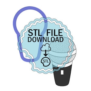 May include: An illustration featuring a microphone with a light blue and white design, a blue loop, and a light blue scalloped shape with the text "STL FILE DOWNLOAD". A cloud icon with an arrow pointing to an "STL" icon is also present.