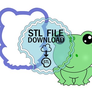 May include: A digital download of an STL file for a 3D printable frog cookie cutter. The image shows a green frog with large eyes and a small smile. The text "STL FILE DOWNLOAD" is in a blue circle with a cloud and arrow pointing down to a smaller circle with the text "STL".