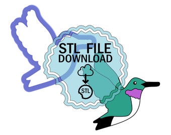 Puede incluir: Una descarga digital de un archivo STL para la impresión 3D de un colibrí. La imagen muestra un contorno azul de un colibrí sobre un fondo blanco. El texto "STL FILE DOWNLOAD" está en un círculo azul con una nube blanca y una flecha hacia abajo.