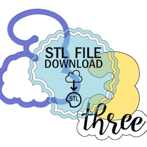 Puede incluir: Una descarga digital de un archivo STL para un cortador de galletas imprimible en 3D con forma de número tres con la palabra "tres" escrita debajo. La imagen tiene un esquema de color azul, amarillo y blanco.