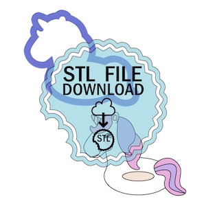 May include: A digital download of an STL file for a 3D printable unicorn pool float. The file is represented by a cloud with a download arrow and the text "STL FILE DOWNLOAD".