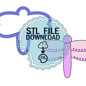May include: A digital download of an STL file for a 3D printed dragonfly cookie cutter. The image shows a blue cloud with an arrow pointing down to a circle with the word "STL" inside. The text "STL FILE DOWNLOAD" is in a blue circle with a white border.