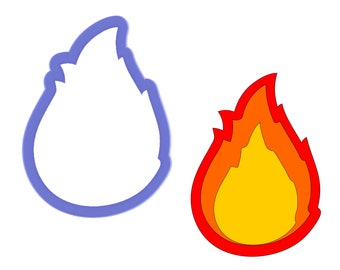 May include: A blue cookie cutter shaped like a flame. A red and orange flame illustration.