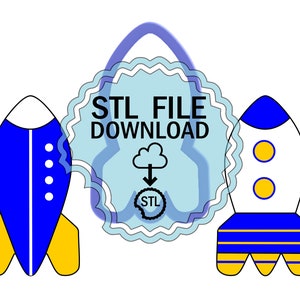 May include: A blue and yellow rocket ship with a white background. The rocket ship is flying towards a blue and white seal with the text "STL FILE DOWNLOAD" and a cloud with a downward arrow pointing to the text "STL".