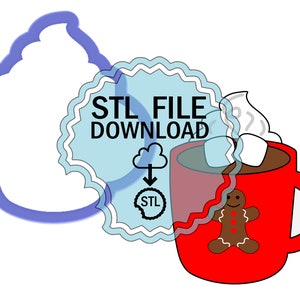 May include: STL file download for a 3D printable design of a red mug with a gingerbread man design, filled with hot chocolate, marshmallows, and whipped cream.