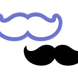May include: A blue plastic cookie cutter shaped like a mustache. Below the cutter is a black silhouette of a mustache.