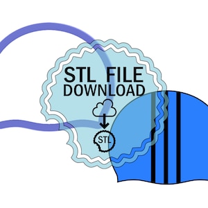 May include: A blue and white 3D printed swimming cap with black stripes. The image includes the text "STL FILE DOWNLOAD" with a cloud and downward arrow icon. The text "STL" is in a circle below the icon.