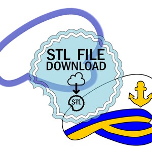 Könnte beinhalten: Ein blaues und weißes Siegel mit dem Text "STL FILE DOWNLOAD" und einer Wolke mit einem Pfeil, der nach unten auf einen Kreis mit dem Text "STL" zeigt. Im unteren rechten Eck des Bildes befindet sich ein gelber Anker.