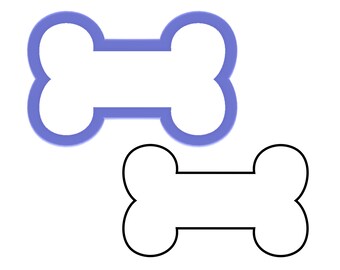 May include: A blue dog bone cookie cutter with a white outline. The cookie cutter is a simple design with rounded edges.