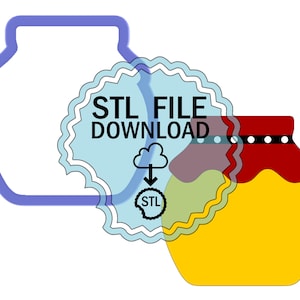 May include: A digital download of an STL file for a 3D printable honey pot. The honey pot is yellow with a red lid and a black and white band around the middle. The image also includes a blue and white seal with the text "STL FILE DOWNLOAD" and a cloud with a downward arrow.