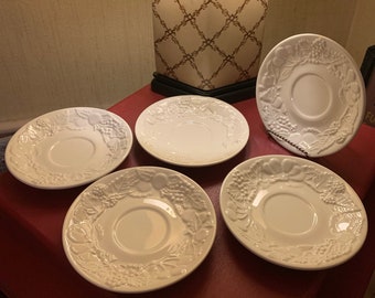 Set of 5 Anthropologie 6.5" Cream Color Saucer Plates with Raised Fruit Design
