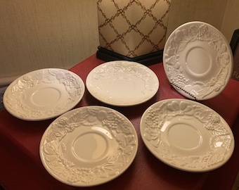 Set of 5 Anthropologie 6.5" Cream Color Saucer Plates with Raised Fruit Design