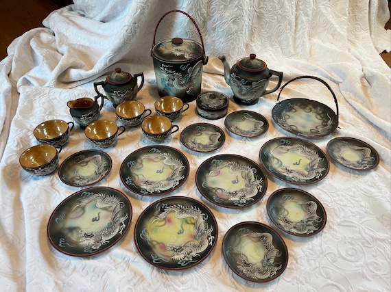 1960s Vintage 29-piece Dragonware Tea Set Hand Painted Moriage