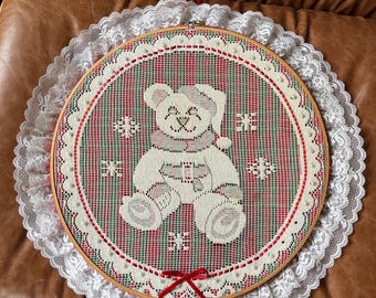 Vintage Christmas plaid linen & teddy bear lace art on embroidery hoop wall decor