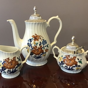 Myott Kismet Pattern Autumn Colors Coffee Pot Creamer and Sugar Set with Original Spoon made in England