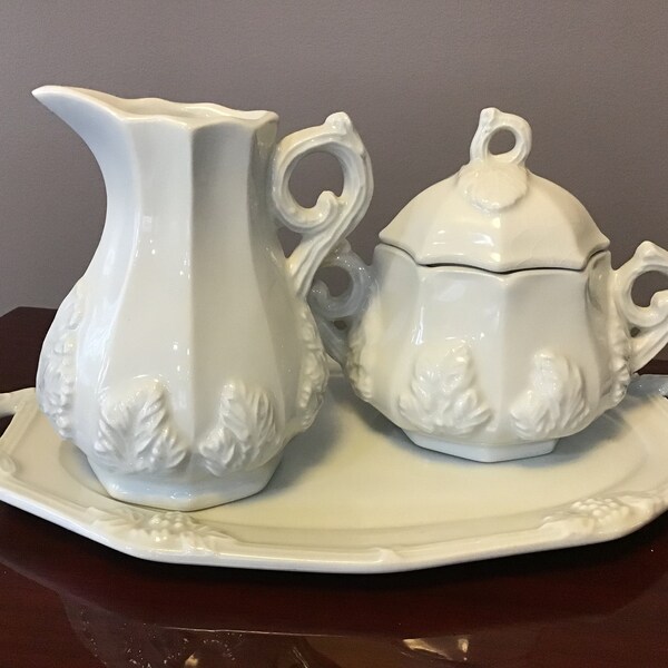 Red Cliff Ironstone Creamer and Sugar with Tray with Oak Leaf and Tree Branch Design