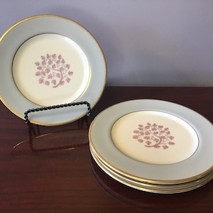 Twilight Flintridge China made in California with Grey and Ivory with Pink Tree in the center and Gold Trim Set of 4 Bread and Butter Plates