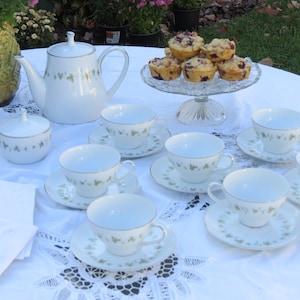 Vintage Noritake Teapot, Sugar Bowl, Cups and Saucers in the Lexington Pattern Featuring Green Ivy Leaves and Vines