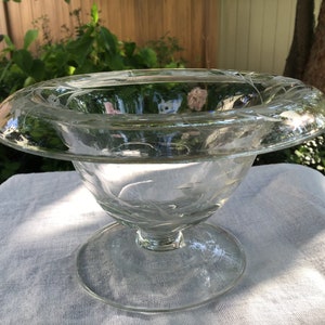 Depression Era Elegant Glass Compote with Etched Flowers and Leaves on a Vine with a Rolled Edge