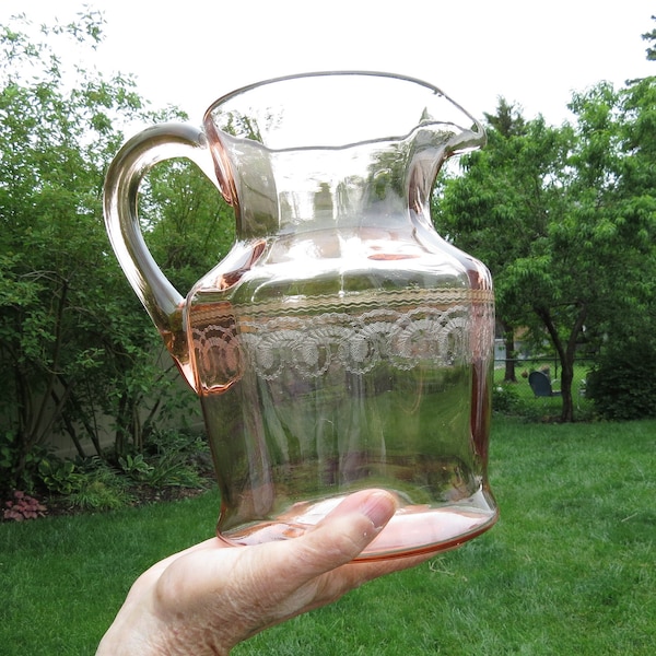 Large Pink Depression Glass Pitcher with Etched Scrolling detail and Etched Gold Trim