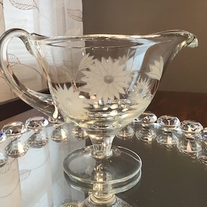 Vintage Etched Glass Footed Gravy Sauce Boat