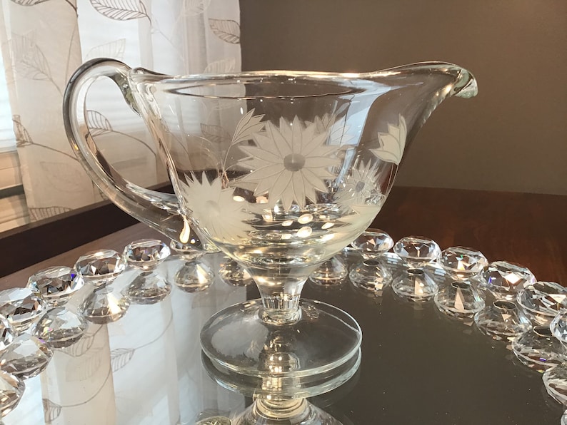 Vintage Etched Glass Footed Gravy Sauce Boat
