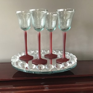 Hand Blown Glass Wine Glasses with Long Red Stems and Clear Green Glass Tulip Shaped Bowl Set of Four, Perfect for Rose' or White Wine