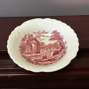 Red Transferware Taylor Smith Taylor Bowl Featuring an English Abbey in Countryside Scene with Raised Flower Design and Scalloped Edge