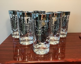 Kimiko Mid-Century Highball Barware Queen's Lusterware Silver Crest Knight Coat of Arms Set of 6