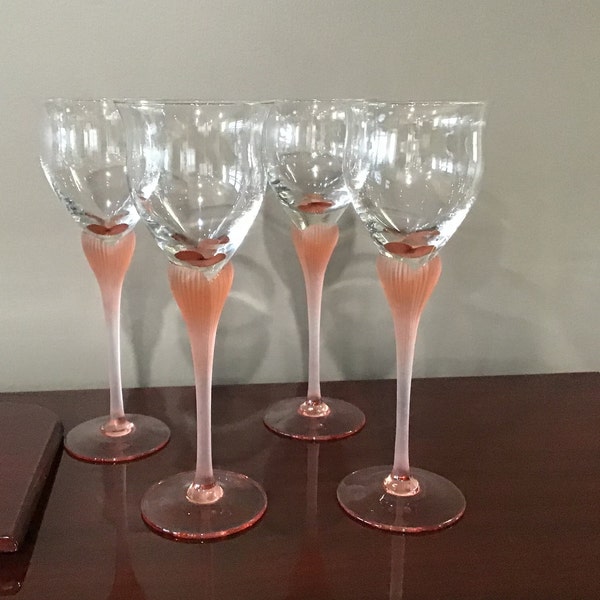 Vintage Mikasa Crystal Wine Glasses  8 1/4" tall Sea Mist Design with Coral Frosted Stems with Heart Shape Under the Bowl Sold in Pairs