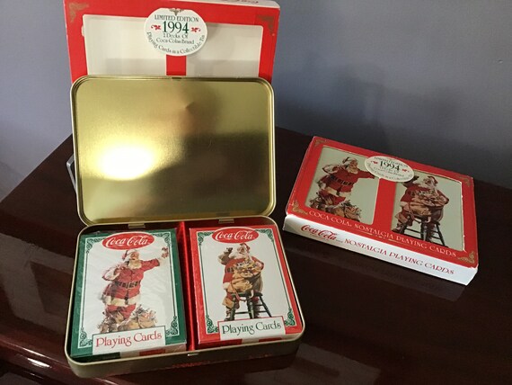 1994 limited edition coca cola playing cards 1994 Limited Edition Coca-cola Nostalgia Playing Cards Original Tin Box  With 2 Decks Sealed