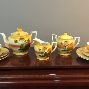Vintage Lusterware Children’s Tea Set made in Japan featuring Outdoor Scene by Water