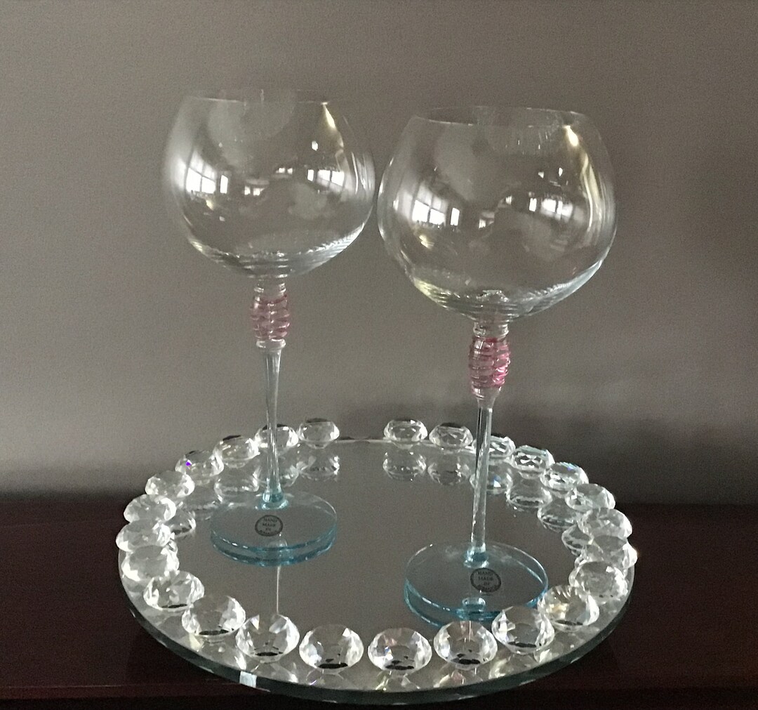 Crystal Balloon Wine Glasses Hand Made in Romania With Light Blue Base ...