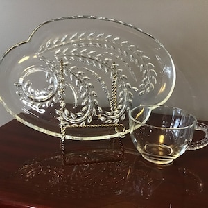 Vintage Federal Glass Homestead Hospitality in Wheat Design Snack Sets Six Place Settings with plates and nestling mugs