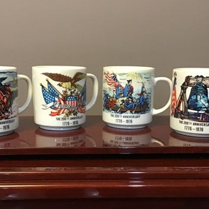 American Bi-Centennial 200th Anniversary 1776-1976 Mugs with Revolutionary War Scenes made in Japan Set of 4