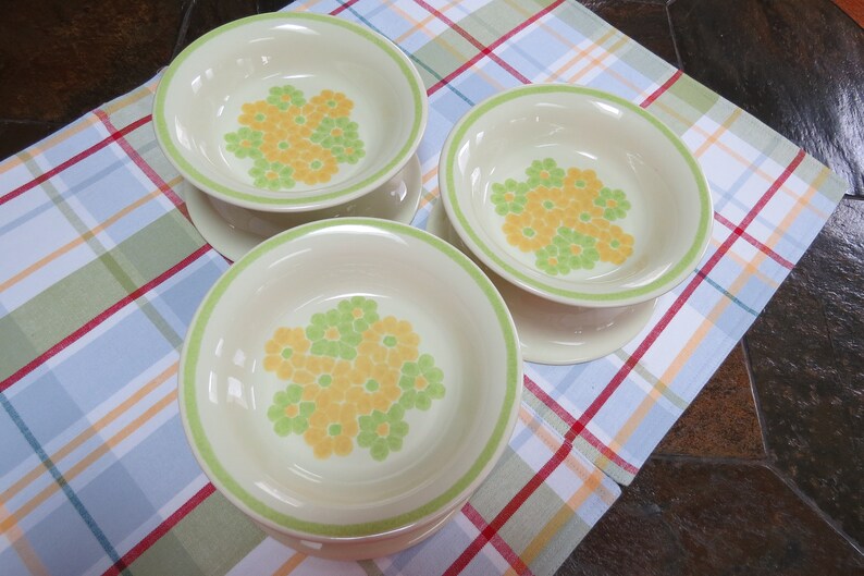Franciscan Earthenware Picnic Pattern Coupe Bowls with Green and Yellow Flowers