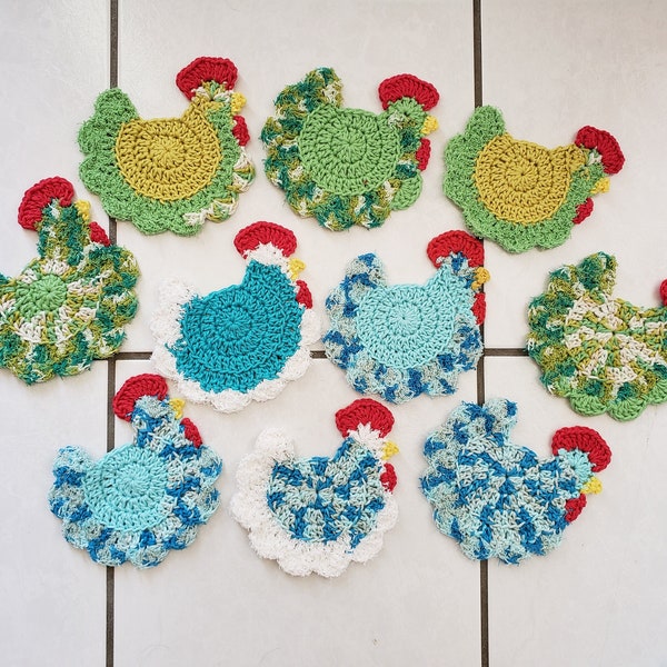 MYSTERY PACK!  Set of 4 Chicken / Hen Washcloth/Dishcloths (You will get 2 blue & 2 green - all different!) Great Deal!