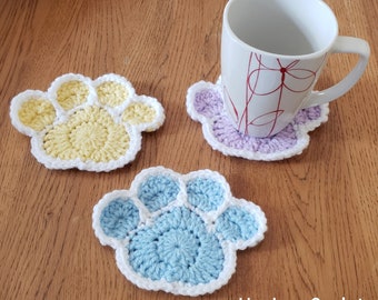Paw Print coasters - Set of 3 pastel colors, gift idea, dog decor, animal coaster, crochet, teacher, housewarming, foster