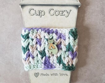 Crocheted Cat Cup Cozy, Cozies, Coffee cup cover, to-go cup cover for hot or cold drinks, tea, soda, cotton, koozie, kitty