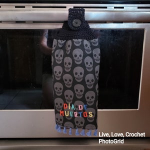 Day of the Dead Towel Topper - skull, hanging towel, Halloween, kitchen decor, crochet, holiday