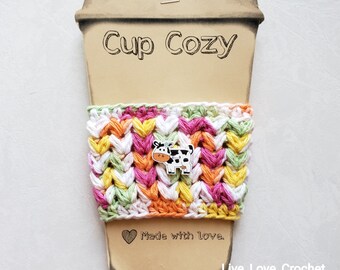 Crocheted Cow Cup Cozy, Cozies, Coffee cup cover, to-go cup cover for hot or cold drinks, tea, soda, cotton, koozie